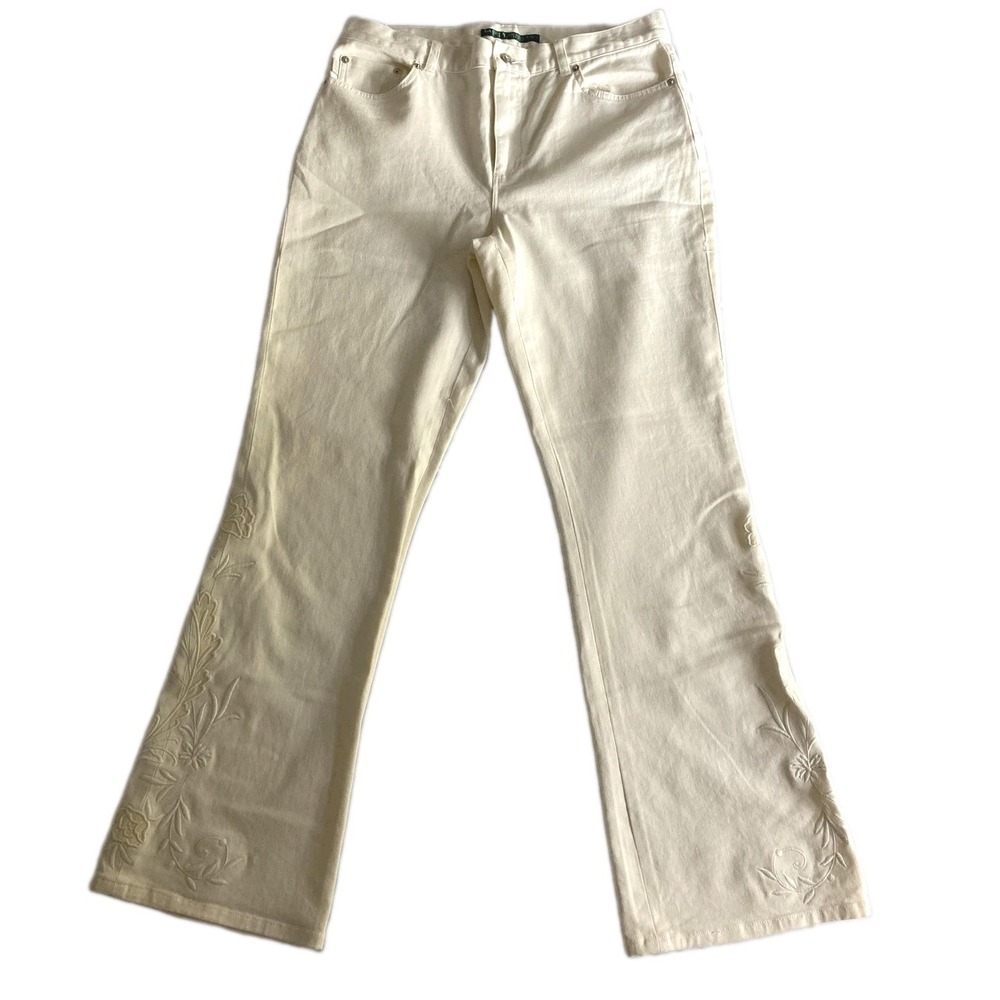 Lauren Jeans Co Womens 10 White High Rise Stretch Bootcut Floral Embroidered EUC